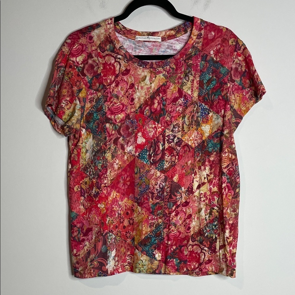 Peruvian Connection | Women’s Patch Design Floral Short Sleeve Cotton Top Small